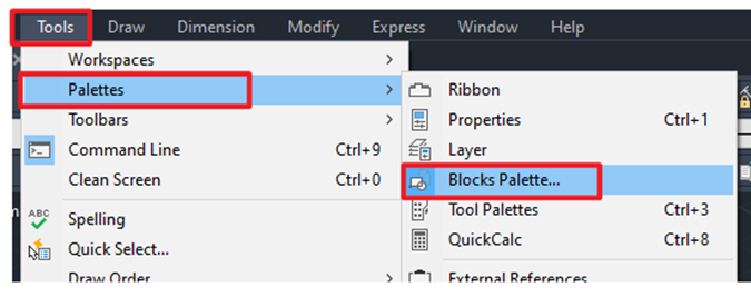 Ukázka jak vlastně zobrazit paletu Bloky v AutoCADu.